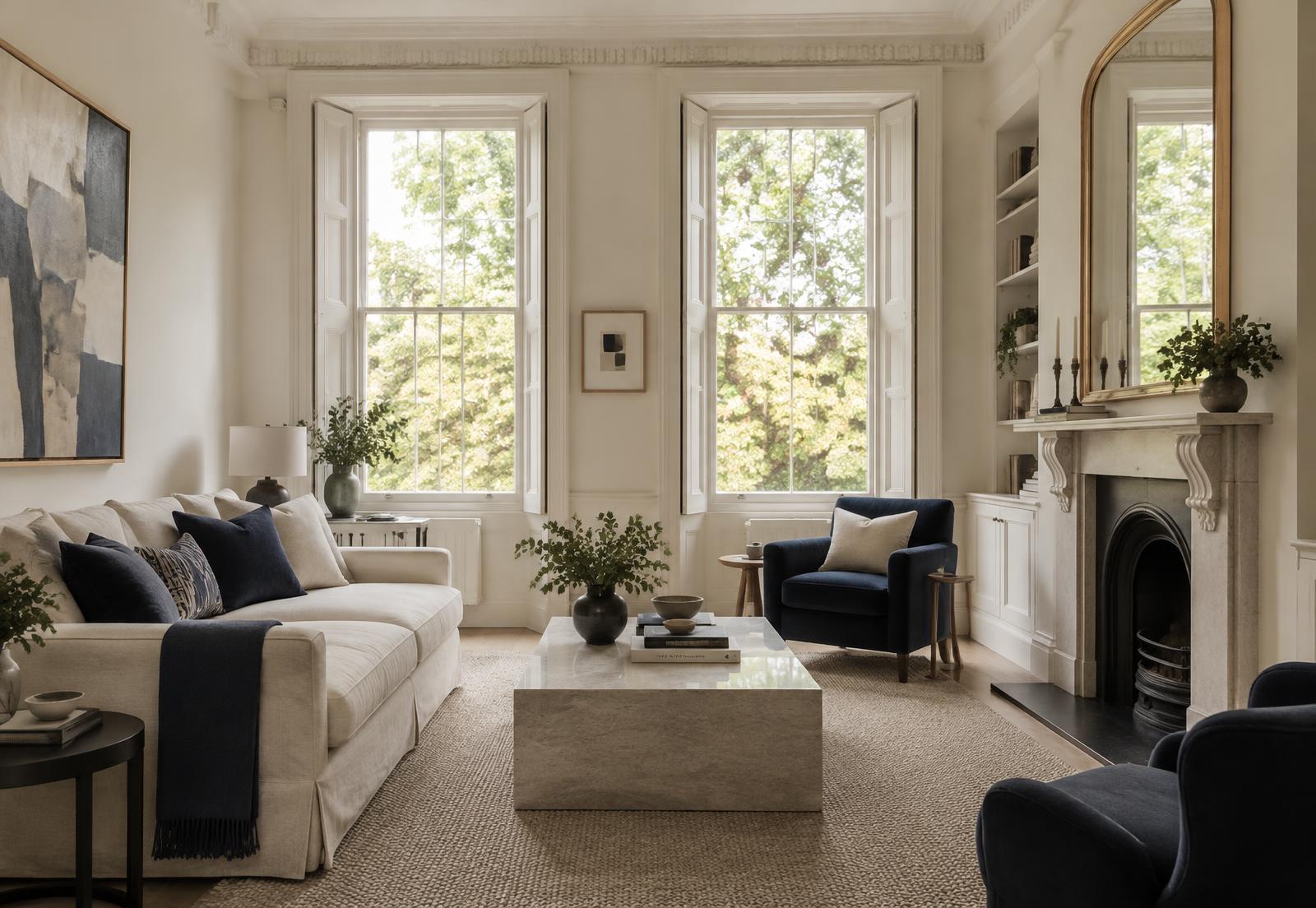 Calm, contemporary living room with tall windows onto trees