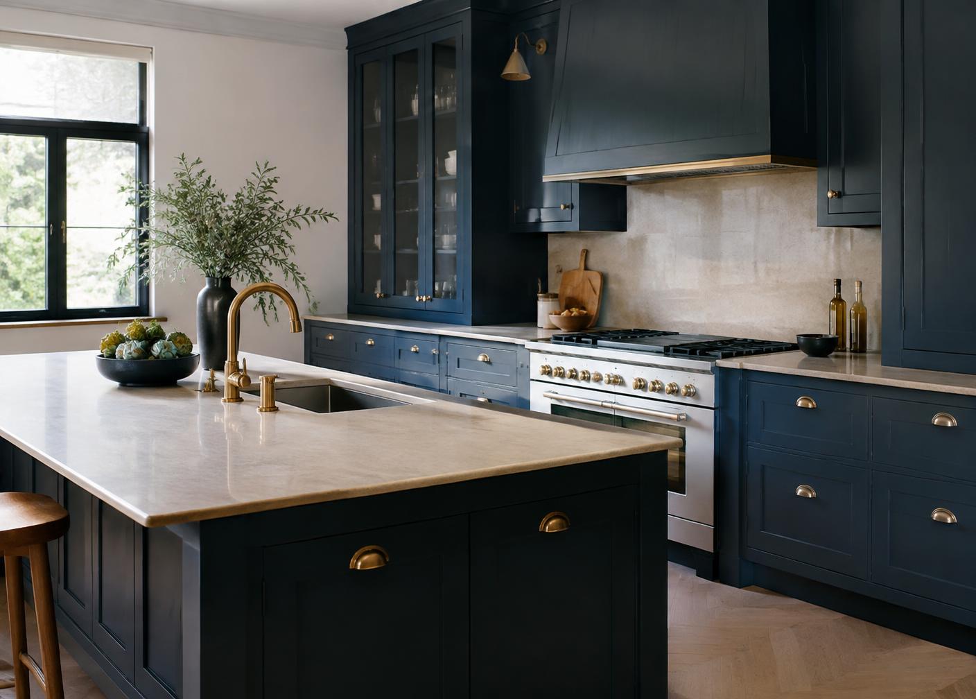 Navy kitchen with stone worktops